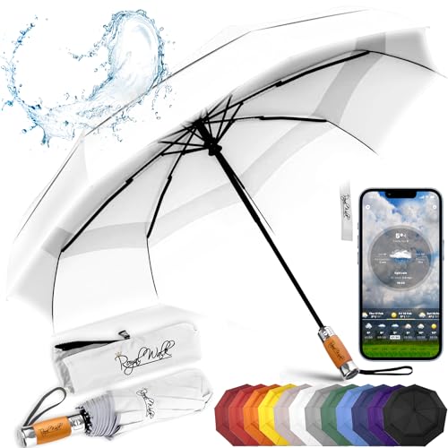 Royal Walk Regenschirm Taschenschirm Sturmfest Automatik Auf und Zu Winddichter Doppelverdeck Klein Stabil Schirm Reflektierend mit Luxuriösem Echtholzgriff für Damen und Herren Umbrella (Weiß) von Royal Walk