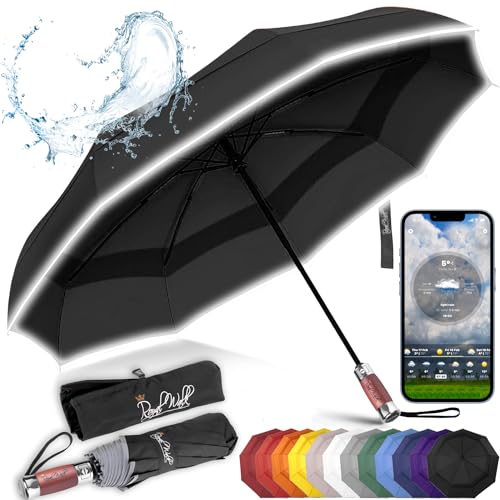 Royal Walk Regenschirm Taschenschirm Sturmfest Automatik Auf und Zu Winddichter Doppelverdeck Klein Stabil Schirm Reflektierend mit Luxuriösem Echtholzgriff für Damen und Herren Umbrella von Royal Walk