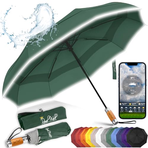 Royal Walk Regenschirm Taschenschirm Sturmfest Automatik Auf und Zu Winddichter Doppelverdeck Klein Stabil Schirm Reflektierend mit Luxuriösem Echtholzgriff für Damen und Herren Umbrella von Royal Walk