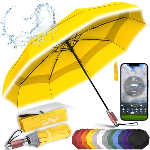 Royal Walk Regenschirm Taschenschirm Sturmfest Automatik Auf und Zu Winddichter Doppelverdeck Klein Stabil Schirm Reflektierend mit Luxuriösem Echtholzgriff für Damen und Herren Umbrella von Royal Walk