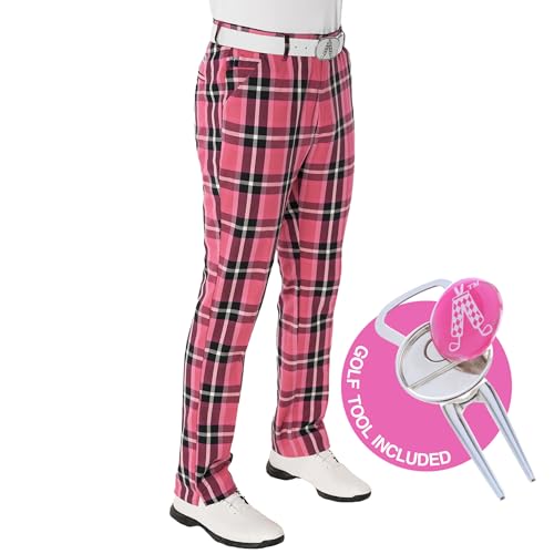 Royal & Awesome Plaid in rosa Golfhosen für Männer, Golfhosen für Männer, Funky Golfhosen, Sich verjüngte Herrengolfhosen von Royal & Awesome