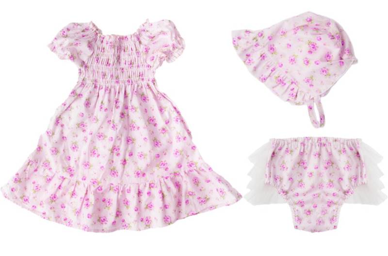 Baby Mädchen Blumen Ostern Kleid Vintage Rosa Geblümten Stoff Gesmoktes Kleid, Pumphose Und Häubchen Erbstück Set von RoyalGarmentCo
