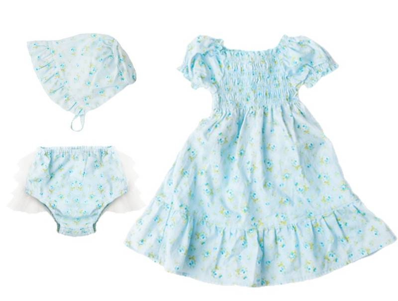 Baby Mädchen Kleid Vintage Blau Blumen-stoff Gesmoktes Kleid, Pumphose Und Mütze Erbstück Set Liberty von RoyalGarmentCo