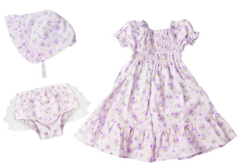 Baby Mädchen Kleid Vintage Lila Violett Blumen-stoff Gesmokt Kleid, Pumphose Und Mütze Erbstück Set Liberty von RoyalGarmentCo