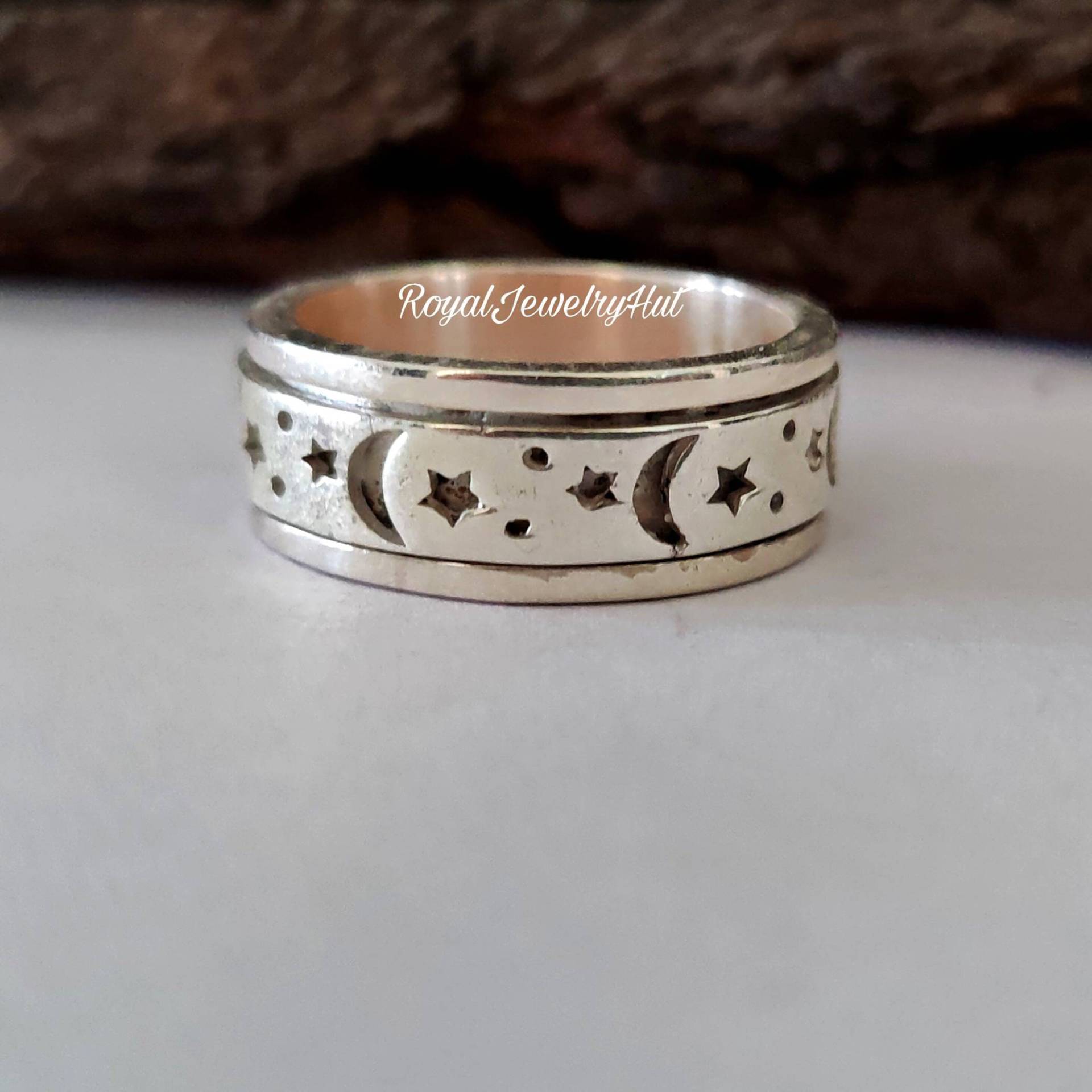 Mond Und Sterne Angstring, Fidget Ring, Sterling Silber Spinner Band Ring Für Frauen, Meditation Spinning von RoyalJewelryHut