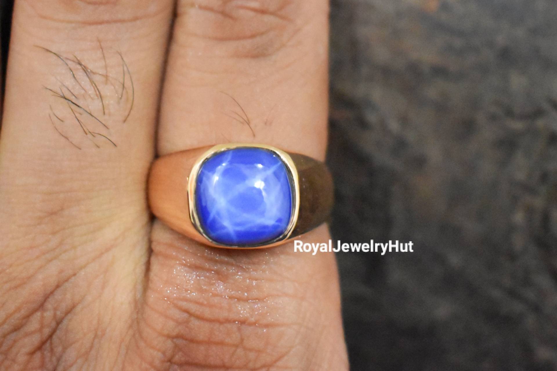 Blauer Saphir Stern Ring, 925 Sterling Silber 22K Gold Fill, Siegelring, Herrenring, Edelstein Geschenk Ring von RoyalJewelryHut