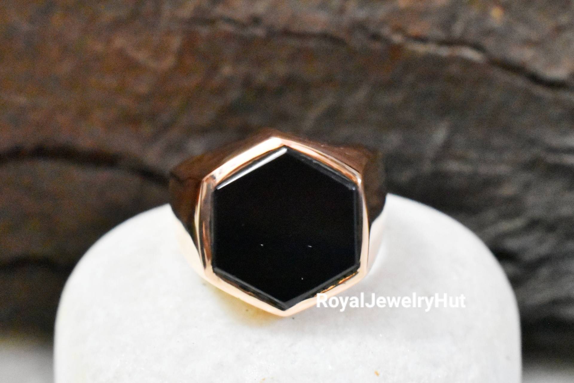 Herrenring, Schwarzer Onyx-Ring, 925Er-sterlingsilber-Ring, 22 Karat Goldfüllung, Herren-Siegelring, Sechseckiger Edelstein, Geschenkring von RoyalJewelryHut