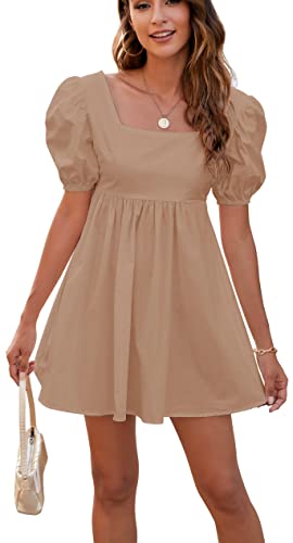 Rozegaga Sexy Damen-Minikleid mit Puffärmeln, rückenfrei, zum Schnüren, Khaki, Mittel von Rozegaga