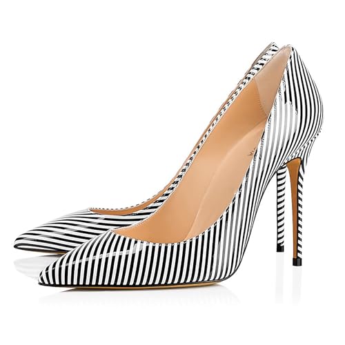 Rozhuhro Damen Pumps mit Stilettoabsatz und spitzer Zehenpartie Bequeme Party-Pumps mit schwarzen und weißen Streifen klassischer Basic-High-Heel für Kleider und Hochzeiten,Schwarz,38 EU von Rozhuhro