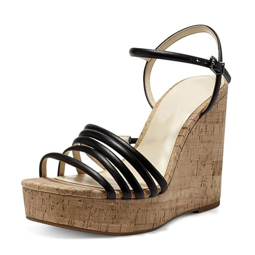 Rozhuhro Damen-Sandalen mit Plateau-Keilabsatz offener Zehenbereich Knöchelriemen runde Zehensandalen lässig bequem Partykleid Sommer-Wedges High-Heel-Sandalen,Schwarz,35 EU von Rozhuhro