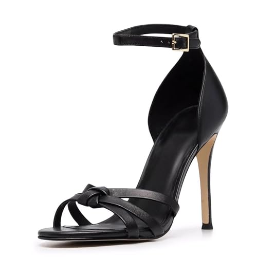 Rozhuhro Damen-Sandalen mit runden offenen Zehen Stiletto-Absatz verstellbarer Knöchelriemen elegante High-Heels-Sandalen klassische Sommer-Riemchen-Party-Abschlussball-Pump-Schuhe,Schwarz,34 EU von Rozhuhro