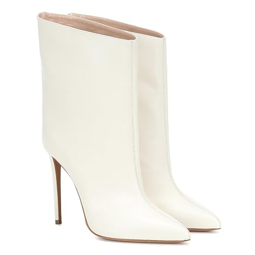 Rozhuhro Damen-Stiefeletten mit Stilettoabsatz Schlupfstiefeletten Elegante einfarbige Stiefeletten mit hohem Absatz Klassische Partykleider Hochzeitstermine Herbst Winterstiefel,Weiß,43 EU von Rozhuhro