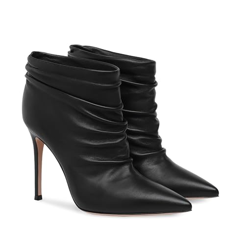 Rozhuhro Damen Stiefeletten mit Stilettoabsatz spitzer Zehenpartie modische einfarbige Plissierte Stiefeletten mit hohem Absatz Schlupfstiefeletten für Partykleider im Herbst Winter,Schwarz,40 EU von Rozhuhro