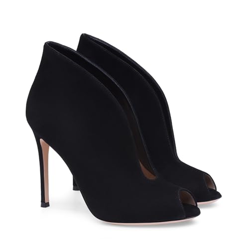 Rozhuhro Damen Stiefeletten mit offenem Peep Toe und hohem Absatz Klassische einfarbige Stiletto-Absätze Stiefeletten modische Schlupfstiefel für Partykleider Bequeme Stiefeletten,Black 2,43 EU von Rozhuhro