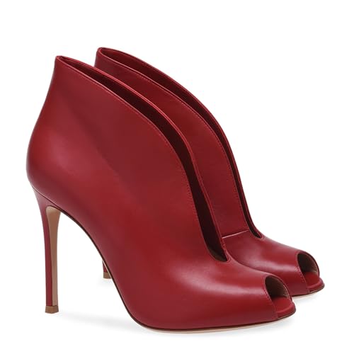Rozhuhro Damen Stiefeletten mit offenem Peep Toe und hohem Absatz Klassische einfarbige Stiletto-Absätze Stiefeletten modische Schlupfstiefel für Partykleider Bequeme Stiefeletten,Rot,36 EU von Rozhuhro