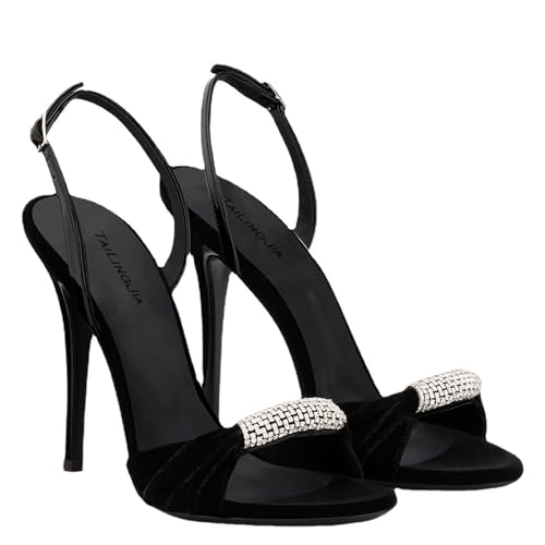 Rozhuhro Damen-Stiletto-Sandalen mit Strasssteinen lässig bequem Riemchen offene Zehen High Heels elegante Sandalen mit Knöchelriemen Hochzeit Party Alltagskleidung,Schwarz,34 EU von Rozhuhro