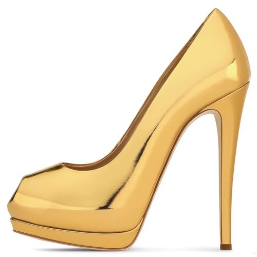 Rozhuhro Fischmaul-Plateau-Stilletos-Absätze für Damen modisch offener Zehenbereich Slip-On-Sandalen mit hohem Absatz einfache bequeme Abendkleider Hochzeits-Pumps-Schuhe,Gold,34 EU von Rozhuhro