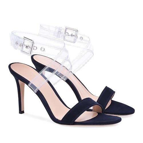 Rozhuhro Klare Knöchelriemen-Sandalen mit hohem Absatz für Damen runde offene Zehen Sommer-Riemchen-Stiletto-Absatz-Sandalen lässige bequeme Partykleid-Pumps-Sandalen,Schwarz,35 EU von Rozhuhro