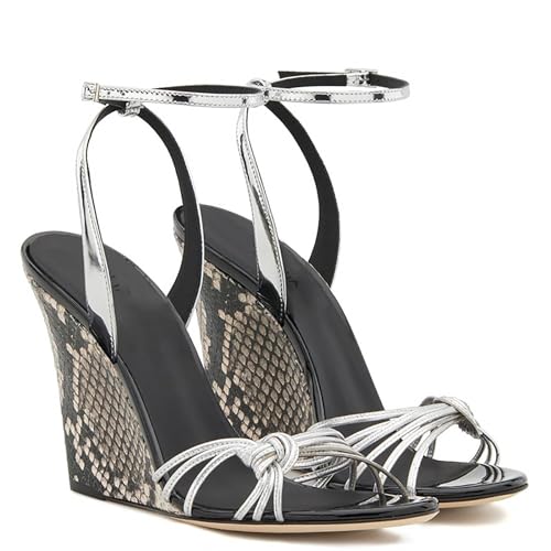 Rozhuhro Offene Zehen-Keil-Riemensandalen für Damen Sommer-High-Heel-Knöchelriemen runde Zehen-Wedge-Sandalen einfache bequeme Hochzeits Party-Kleid-Sandalen,Silber,36 EU von Rozhuhro