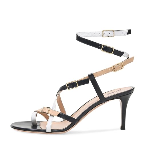 Rozhuhro Runde Zehen-Flip-Flops Schnürsandalen modisches Leder farbblockierende Stiletto-Absätze Sandale Bequeme Party-Sandalen mit niedrigen Absätzen Klassische offene Zehensandalen,Schwarz,40 EU von Rozhuhro