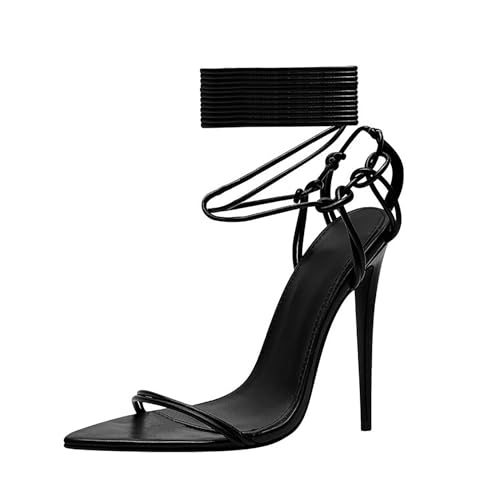 Rozhuhro Spitz zulaufende Riemchen-Stiletto-Sandalen für Damen modisch offener Zehenbereich Knöchelriemen Sommer-High-Heels-Sandalen sexy Partykleid Hochzeit Pumps Sandalen,Schwarz,39 EU von Rozhuhro