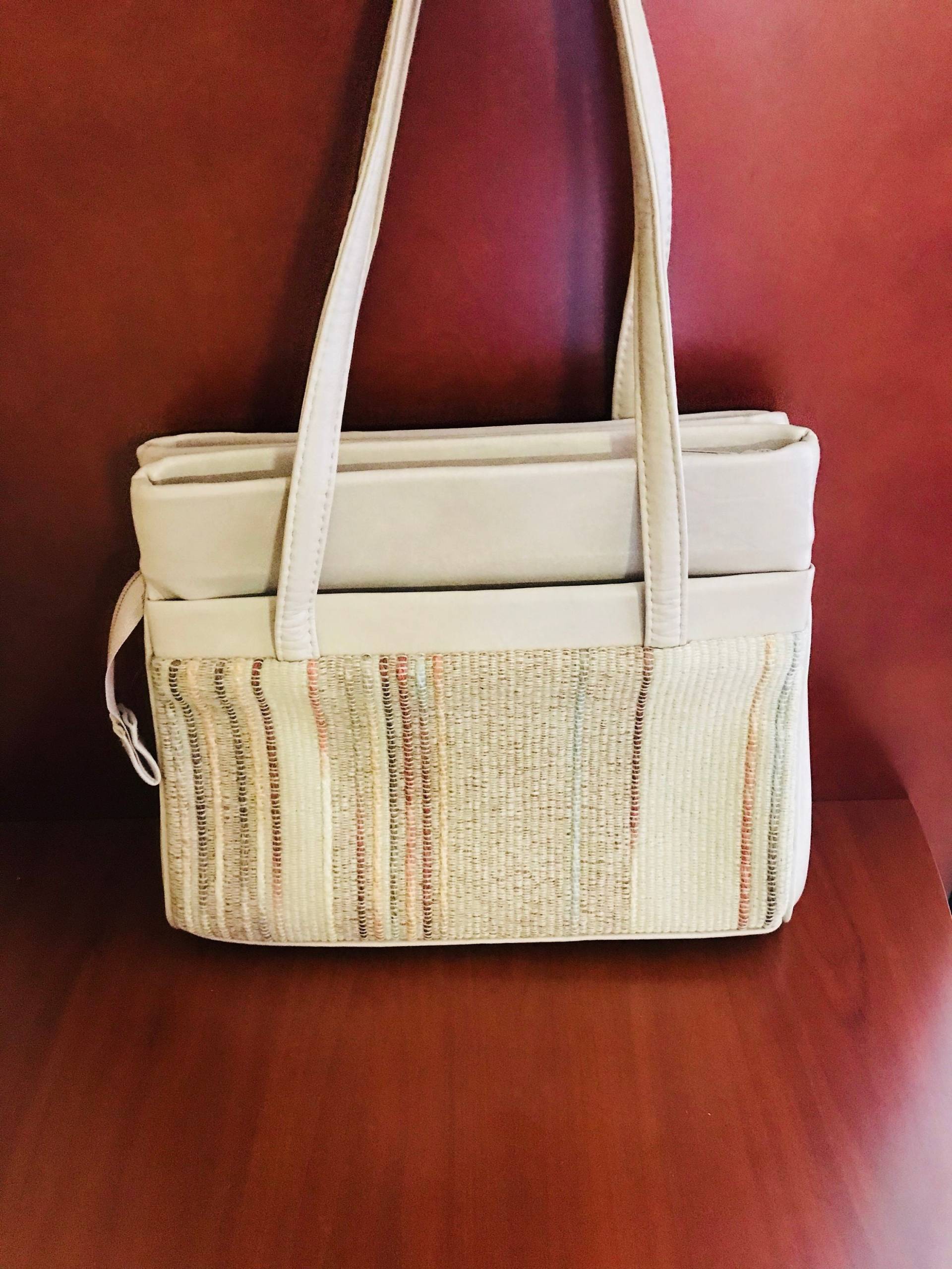 1970 Vintage Handtasche Stofffront Lederbesatz 1970 Vintage Handtasche Stofffront Lederbesatz von RozzCloset