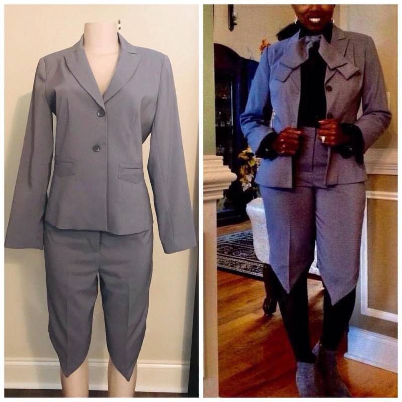 Upcycled Pinstripe Grau Anzug Jacke/ Hose Handgemacht Fliege Upcycled Pinstripe Grau Anzug Jacke/ Hose Handgemacht Fliege von RozzCloset