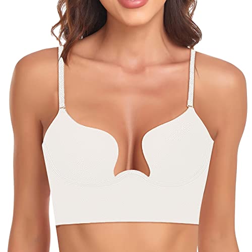 Damen Push Up BH Rückenfreier BH Push-Up BH mit Niedrigem Rücken für Frauen Deep U Nahtlose BH für Rückenfreies Kleid Unsichtbare Tief Ausgeschnittene BHS Konvertierbare Abnehmbar Träger von Rpporm