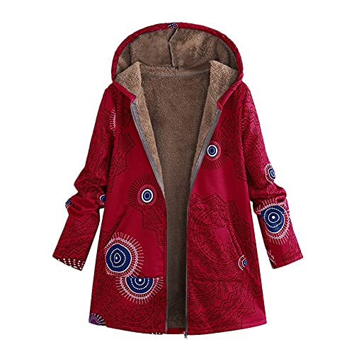 Damen Winterjacke Windjacke Mäntel , Boho Vintage Print Mantel mit Innenfleece,Damen Warm Lang Bunt Hippie Blumendruck Übergangsjacke mit Reißverschluss Fleece Kapuzenjacke Große Größen Vintage Parka von Rpporm