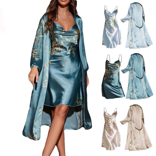 Rpporm Damen Morgenmantel mit Nachthemd Zweiteiliger Spaghettiträger Satin Set Morgenmantel Bride Bademantel Kurz Nachtwäsche Nachtkleid Sexy Dessous Negligee Kimono 2er Pack von Rpporm