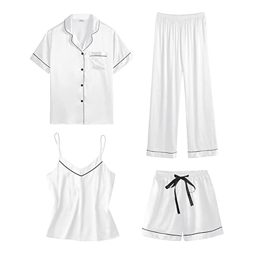 Rpporm Satin Pyjama Damen Kurz 4-teiliges Kurzarm Schlafanzug Nachtwäsche Cami and Shorts Set Frauen Silk Pjs Sets Hemd Und Shorts Lange Hose Hausanzug Loungewear von Rpporm