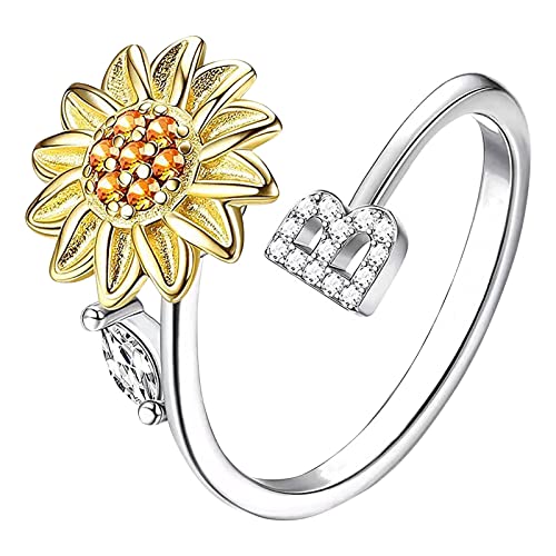 Sonnenblume 26 Buchstaben drehbarer Ring für Frauen Modeschmuck beliebte Accessoires für Ehefrau Schwarze Ringe Herren (B, One Size) von Rpporm