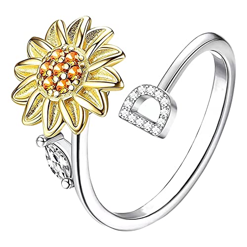 Sonnenblume 26 Buchstaben drehbarer Ring für Frauen Modeschmuck beliebte Accessoires für Ehefrau Schwarze Ringe Herren (D, One Size) von Rpporm