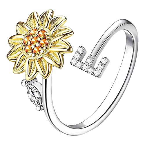 Sonnenblume 26 Buchstaben drehbarer Ring für Frauen Modeschmuck beliebte Accessoires für Ehefrau Schwarze Ringe Herren (E, One Size) von Rpporm