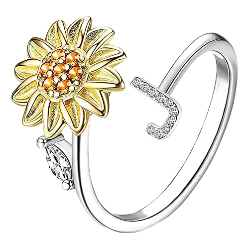 Sonnenblume 26 Buchstaben drehbarer Ring für Frauen Modeschmuck beliebte Accessoires für Ehefrau Schwarze Ringe Herren (J, One Size) von Rpporm