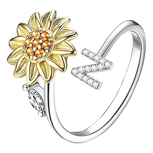 Sonnenblume 26 Buchstaben drehbarer Ring für Frauen Modeschmuck beliebte Accessoires für Ehefrau Schwarze Ringe Herren (N, One Size) von Rpporm