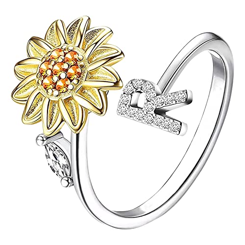 Sonnenblume 26 Buchstaben drehbarer Ring für Frauen Modeschmuck beliebte Accessoires für Ehefrau Schwarze Ringe Herren (R, One Size) von Rpporm