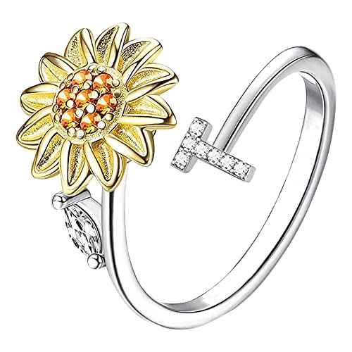 Sonnenblume 26 Buchstaben drehbarer Ring für Frauen Modeschmuck beliebte Accessoires für Ehefrau Schwarze Ringe Herren (T, One Size) von Rpporm