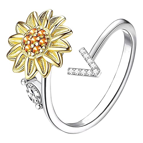 Sonnenblume 26 Buchstaben drehbarer Ring für Frauen Modeschmuck beliebte Accessoires für Ehefrau Schwarze Ringe Herren (V, One Size) von Rpporm