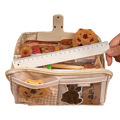 Rqrdww Capybara Federmäppchen, ästhetisches Federmäppchen, mehrlagiges Federmäppchen, PVC-Leinen-Stifthalter, niedlicher Schreibwaren-Organizer, Federmäppchen mit Anhänger, Organizer-Box für von Rqrdww