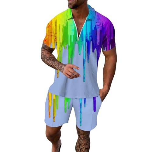 Rrongwn 2 Teiler Herren Sommer Polo Shirt 2024 Meshanzug Zweiteiler Kurz Button-Up Revers Bunte Hemd Und Shorts Beach Shirt Kurze Hose Set Leicht Mode Hemd Und Shorts Herren Set von Rrongwn