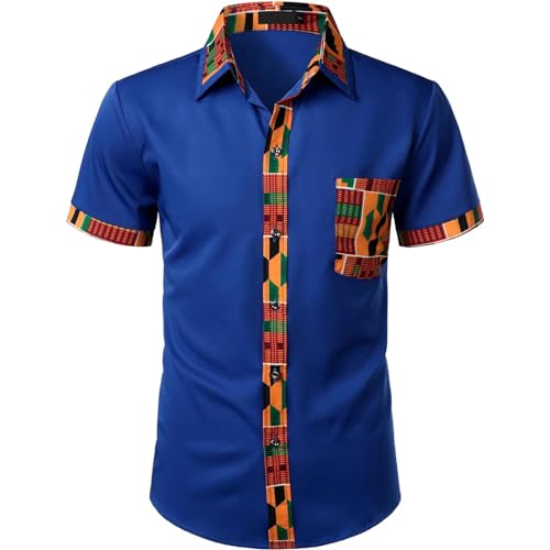 Rrongwn Afrikanische Kleidung Herren Dashiki Afrikanisches Hemd Patchwork Tasche Afrika Print Shirt Langarm Kleid Shirts Traditionelle Modisch Langärmelig Dashiki-Tops Kleidung Für Party von Rrongwn