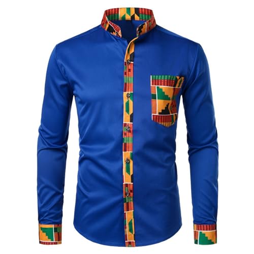 Rrongwn Afrikanische Kleidung Herren Dashiki Afrikanisches Hemd Patchwork Tasche Afrika Print Shirt Langarm Kleid Shirts Traditionelle Modisch Langärmelig Dashiki-Tops Kleidung Für Party von Rrongwn