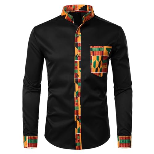 Rrongwn Afrikanische Kleidung Herren Dashiki Afrikanisches Hemd Patchwork Tasche Afrika Print Shirt Langarm Kleid Shirts Traditionelle Modisch Langärmelig Dashiki-Tops Kleidung Für Party von Rrongwn