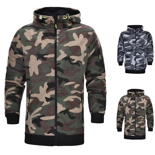 Rrongwn Camo Hoodie Herren Militär Tarnmuster Kapuzenjacke Outdoor Übergangsjacke Klassische Freizeitjacke Casual Outdoorjacke Atmungsaktiv Funktionsjacke Warm Winterjacke Mode Outwear Sweatjacke von Rrongwn