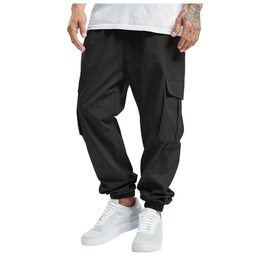 Rrongwn Cargohose Herren Schwarz Klassische Trainingshose Mit Taschen Leicht Wanderhose Einfarbig Baumwolle Arbeitshosen Freizeit Outdoor Hosen Weites Bein Sporthose von Rrongwn