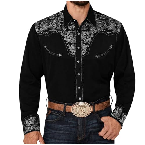 Rrongwn Cowboy Kostüm Herren Mode Traditionelles Hemd Slim Fit Freizeithemd Vintage Hemden Country Outfit Shirts Baumwolle Businesshemd Stretch Langarm Männer Hemden Hippie Shirts Mit Taschen von Rrongwn