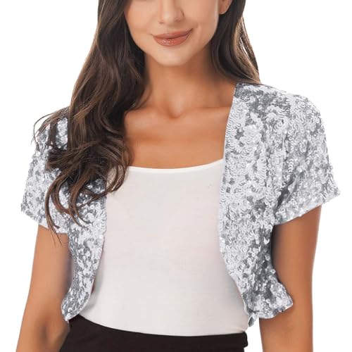 Rrongwn Damen Glitzer Bolero Festlich Glänzende Pailletten Schulterjacke Jäckchen Kurzarm Hochzeit Braut Bolero Jacke Vorne Offen Crop Top Karneval Kostüm Silber Pailettenjacke von Rrongwn