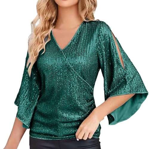 Rrongwn Damen Glitzer Pailletten Tanktop Leichte Vintage Sommershirt 1920er Jahre glitzerndes Pailletten Top V-Ausschnitt Glitzer Shirt Langarm Party Pailletten Oberteil Frauen Bluse Karneval Kostüm von Rrongwn