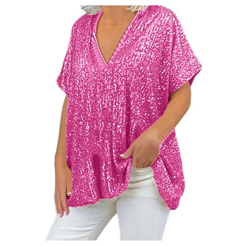 Rrongwn Damen Pailletten Oberteil Kurzarm V-Ausschnitt T-Shirt Elegant Pailletten Print Bluse Casual Elegant Festliche Oberteile Disco Abschlussball Party Style Tops Karneval Kostüm von Rrongwn